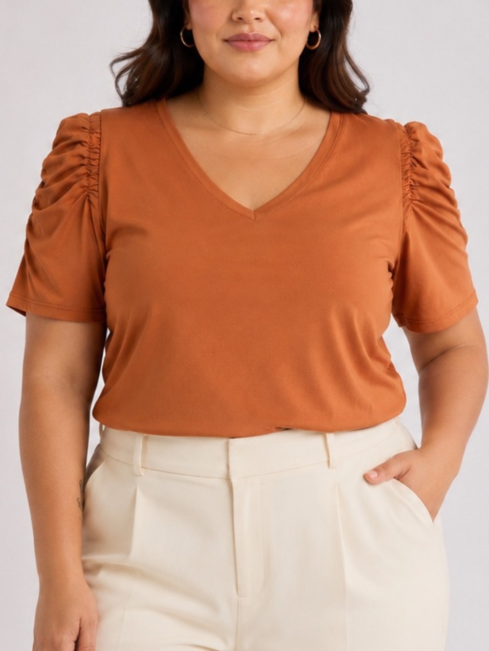 T Tahari Ruched Sleeve V-Neck Top – Wild Honey – Size XL